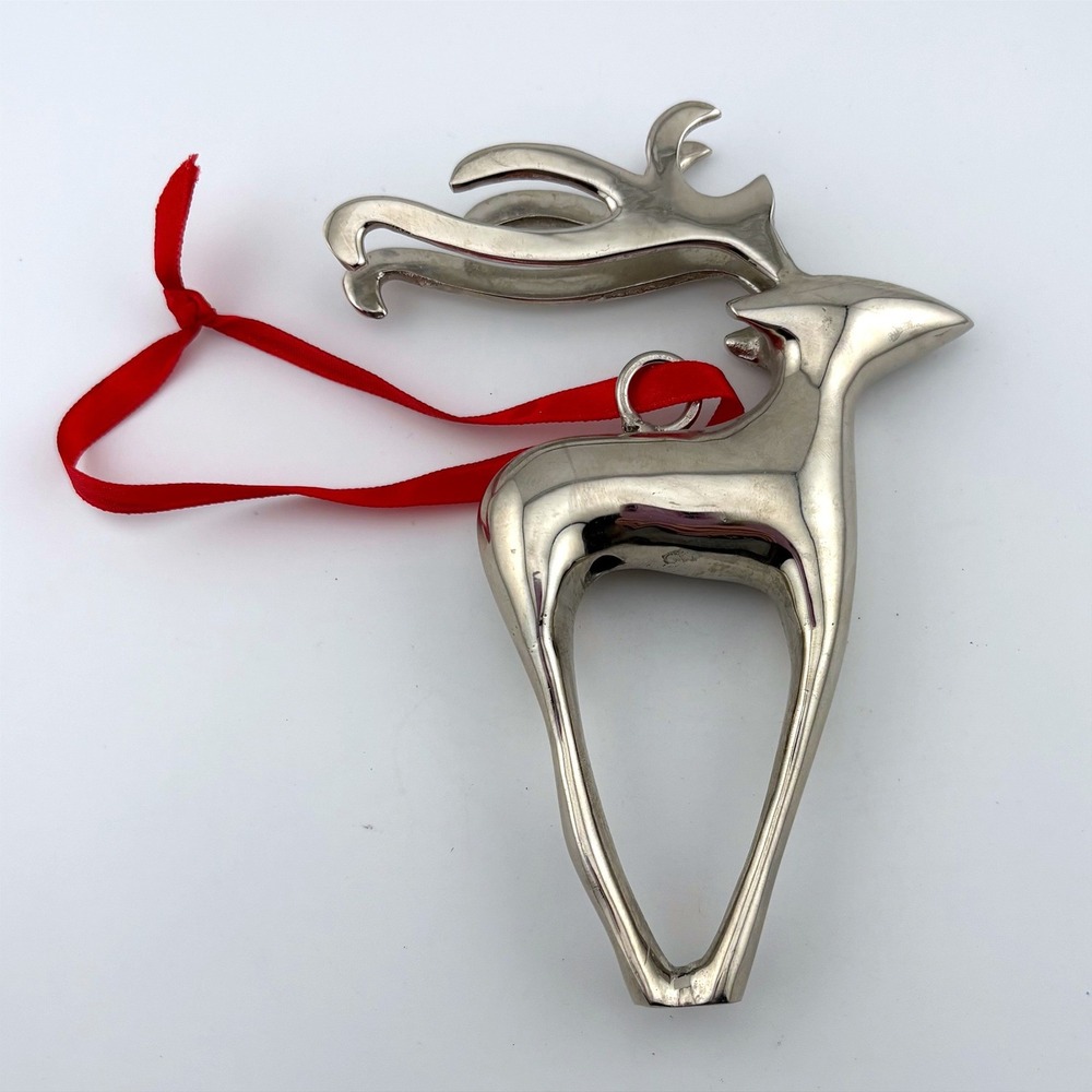 Silver Tone Metal Reindeer Christmas Ornament Modern Minimalist Stag Red Ribbon